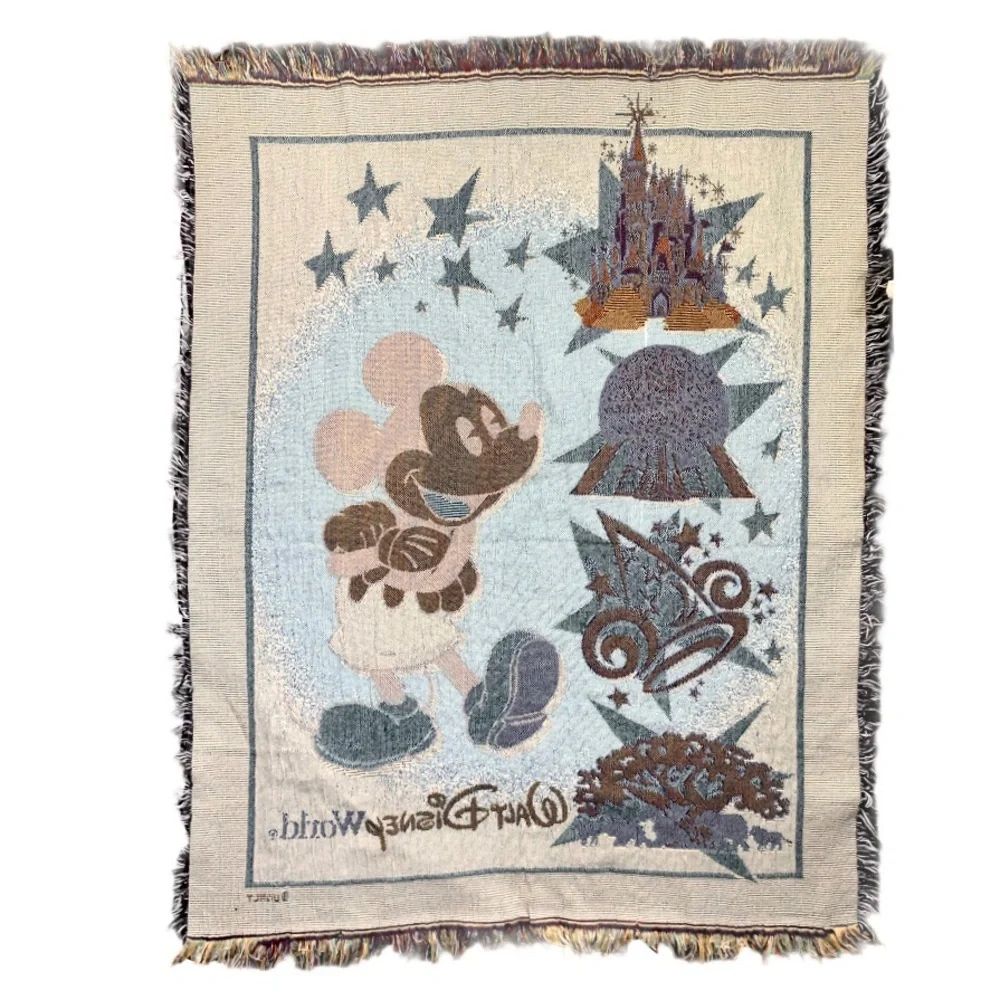 Disney Mickey Mouse Maroon & Gold Tapestry Woven Fringed Throw Blanket
